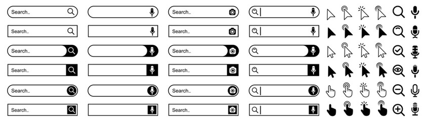 Aufkleber - Search bar web page internet browser button, search box template isolated, various shape search bar boxes collection icon, cursor, magnifying glass, microphone