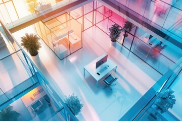 Poster - A simple office space with a desk and a plant inside