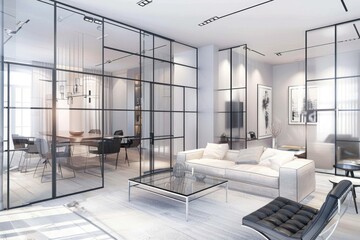 Poster - A modern living room with floor-to-ceiling glass walls and a sleek white couch