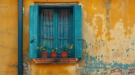 Wall Mural - A cheerful residential house with a bright blue window and lush greenery around it