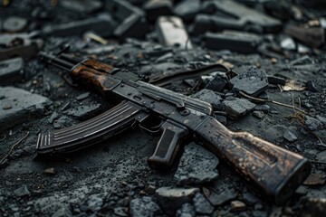 Poster - A close-up image of an AK-47 rifle lying on the ground