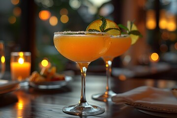 a pair of glasses with orange liquid and slices of orange on top.


