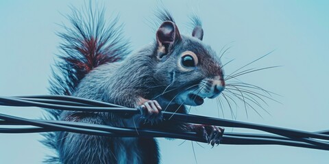 Poster - A squirrel perched on top of a thin wire, looking out at the surroundings