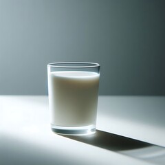 A glass of milk sits on a plain white table, illuminated by soft natural light from a nearby window. 