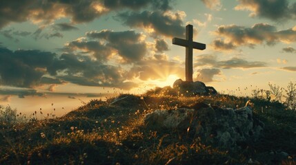 Canvas Print - A cross stands atop a hill as the sun sets in the background