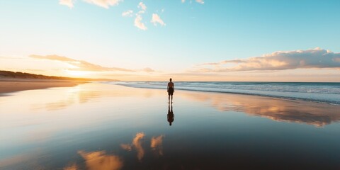 Wall Mural - Solitude at Sunset: A solitary figure walks along a tranquil beach, bathed in the golden glow of a setting sun, reflecting on the vastness of the ocean and the beauty of the moment. The image evokes a