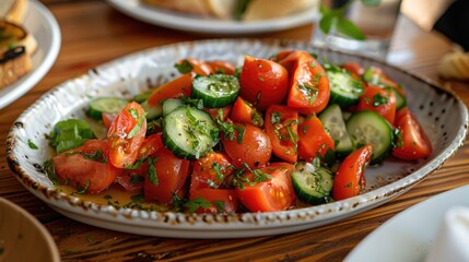 Poster - A plate of sliced tomatoes and cucumbers arranged on a table, ready for serving or display