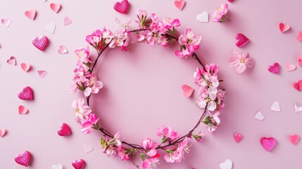 Poster - Valentine s Day theme with pink floral wreath and hearts on soft pink backdrop Flat lay top view space for text