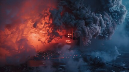 Poster - A large plume of smoke is billowing out of a burning building, with flames licking at the windows