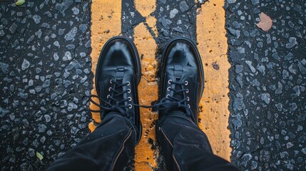 Poster - A person stands on a yellow line, wearing black shoes, in a simple and clean environment