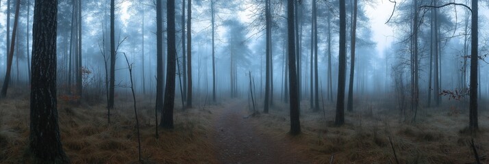 Wall Mural - A forest with a path through it. The trees are tall and the sky is cloudy