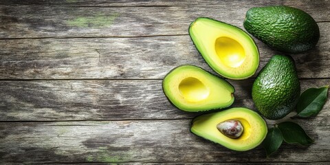 Top view of halved avocados arranged on a dark, textured surface, showcasing their vibrant green color and smooth texture, isolated on dark.