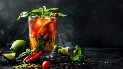 Aufkleber - A close-up shot of a table with multiple cocktail ingredients and tools