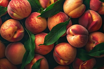 Poster - A bunch of fresh peaches with leaves attached