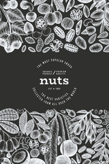 Canvas Print - Hand Drawn Nuts Branch And Kernels  Template. Organic Seed Vector Design. Retro Chalk Board Nut Illustration.