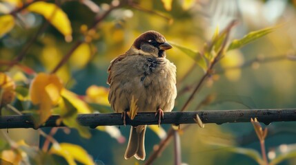 Wall Mural - A small bird sits comfortably on a branch of a tree, possibly looking for food or taking a break