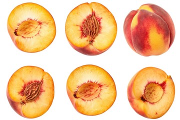 Poster - Fresh peach slices arranged on a white surface for photography or design