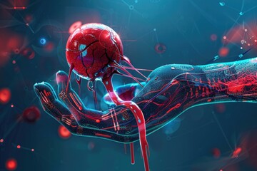 Poster - A human hand holding two hearts, one red and one blue