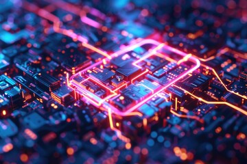 Poster - A close-up view of a circuit board illuminated by bright neon lights