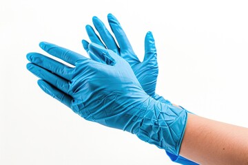 A person wearing blue gloves holds their hand up, possibly indicating stop or caution