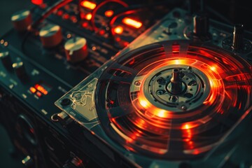 Sticker - Close-up shot of a turntable with bright red lights shining on it, perfect for music or nightlife concepts