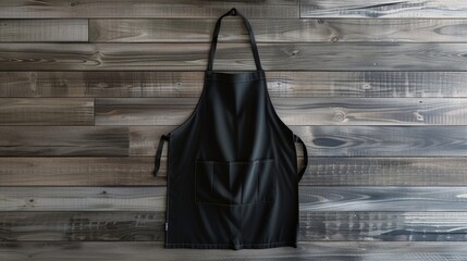 Wall Mural - A black apron hangs on a wooden wall, ready for use