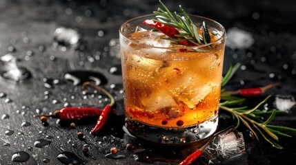 Poster - A glass filled with a refreshing drink and a sprig of rosemary, perfect for a relaxing moment