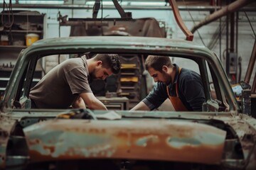 Aufkleber - Two people fixing a vehicle in a garage, practical use for DIY or repair work