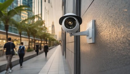 A modern security camera mounted on a building, capturing urban activity with pedestrians strolling by in a vibrant city setting.