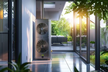 Poster - Two air conditioner units placed on a tile-covered floor, suitable for illustrations about home or office appliances