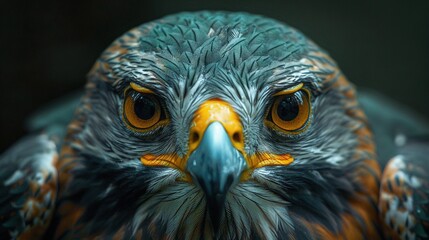 Canvas Print -   A bird of prey's close-up reveals its distinctive orange and black beak, yellow eyes, and contrasting black background