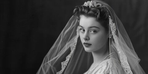 Poster - A black and white photo of a woman wearing a veil, suitable for use in a mystery or detective themed context