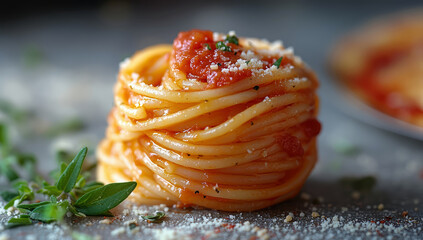 Appetizing spaghetti rolled with typical Italian sauce. 