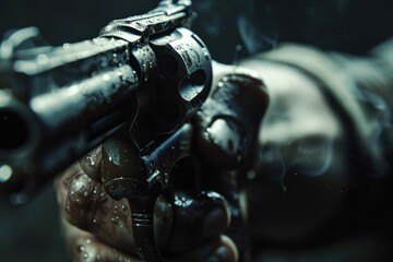Aufkleber - A person holding a handgun, suitable for crime scene or law enforcement photography