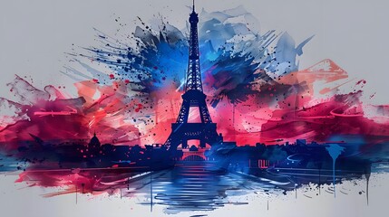 A painting of the Eiffel Tower with a splash of color and a splash of water. The painting is abstract and has a mood of freedom and creativity