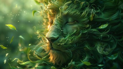 Sticker -   A photo of a lion's head, with green foliage in the background and a blurry atmosphere