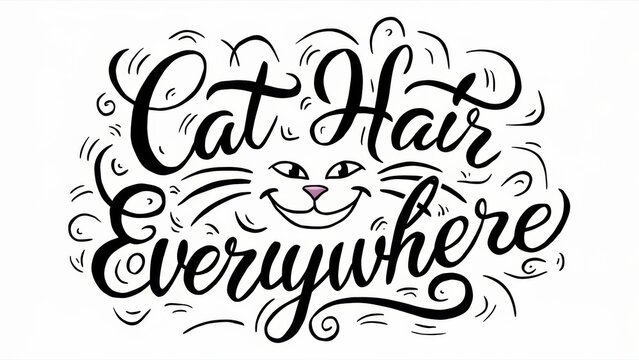 A black and white drawing of a cat with the words'cat hair everywhere ', AI