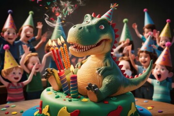 Poster - A large group of people with a dinosaur on top of the cake, AI