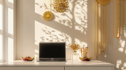 Poster - A minimalist desk with a high-end laptop, set against a backdrop of golden wall hangings and Diwali-themed decorations, reflecting a blend of tradition and modern technology.