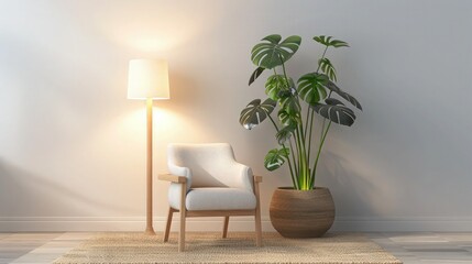 Wall Mural - A minimalist space with a Scandinavian-designed armchair, a tall, minimalist lamp with a soft light, and a large potted monstera placed on a natural jute rug, evoking calm and comfort.