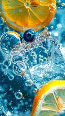 Canvas Print - Refreshing citrus lemon and blueberry slices with ice cubes. Captured with vibrant colors and bubbles in water. Perfect for summer drink themes and advertisements. AI