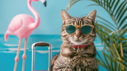 Sticker - Banner advertising summer trips featuring a cat in sunglasses with a suitcase and flamingo ring promoting tour services and pet accommodations