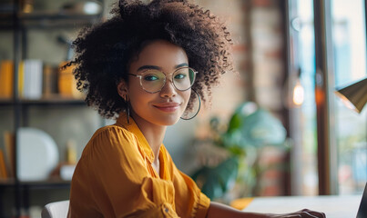 Poster - Confident Young Black Woman Working on Laptop in Modern Office during Daylight, Professional Entrepreneur in Yellow Blouse, Urban Loft Workspace, Business and Technology Concept