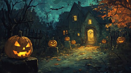 Spooky Halloween night with pumpkins and a gloomy ambiance, all captured in this digital drawing.