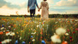© Stefan - Rearview of two young people holding hands and walking together on meadow, romantic couple walking on flower field, man and woman enjoying outside, husband and wife in nature, boyfriend and girlfriend