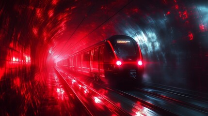 Poster - A dramatic scene of a subway train approaching in a dark tunnel, with bright red lights reflecting off the wet walls and tracks