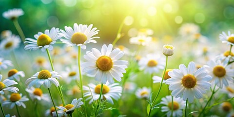 Wall Mural - Sunny Daisies in a Field, Close-up, White Petals, Yellow Center, Green Background, daisy, flower