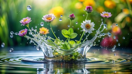 Wall Mural - Water Droplet Splashing on Flowers, Flowers, Water, Splash, Droplet