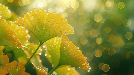 Wall Mural -   A close-up of a plant with droplets of water on its leaves and a blurry background