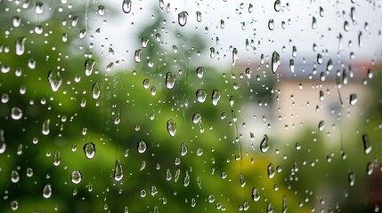 Wall Mural -   A close-up of raindrops on a window, with a blurred background of trees and buildings